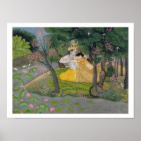 Radha und Krishna umarmen in einem blühenden Hain