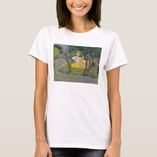 Radha und Krishna umarmen in einem blühenden Hain T-Shirt