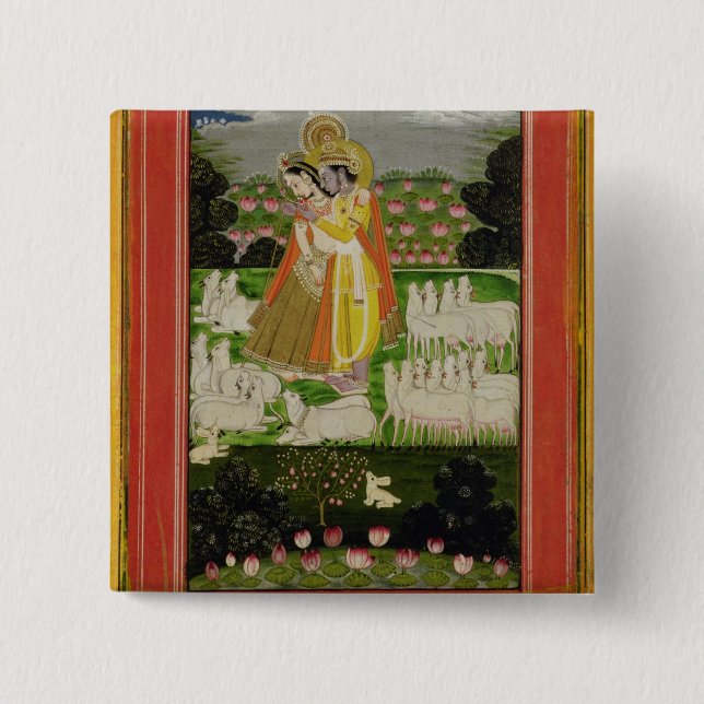 Radha und Krishna Umarmung in einem idealisierten Button (Vorderseite)