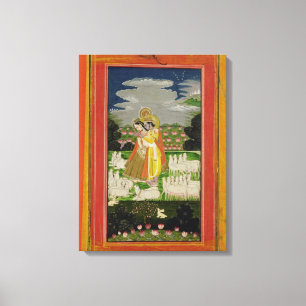 Radha und Krishna Umarmung in einem idealisierten Leinwanddruck