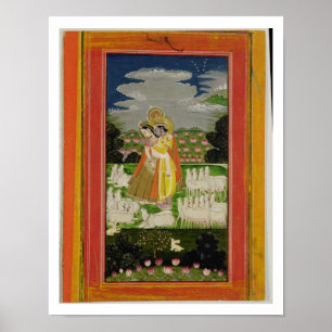 Radha und Krishna Umarmung in einem idealisierten Poster