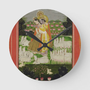 Radha und Krishna Umarmung in einem idealisierten Runde Wanduhr