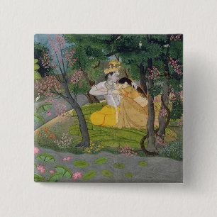 Radha und Krishna Umarmung in einer Waldung des Button
