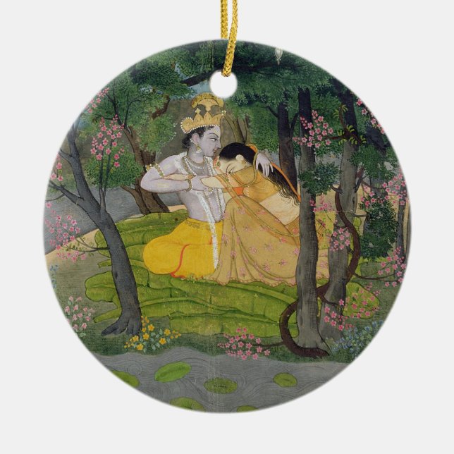 Radha und Krishna Umarmung in einer Waldung des Keramikornament (Vorne)