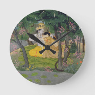 Radha und Krishna Umarmung in einer Waldung des Runde Wanduhr