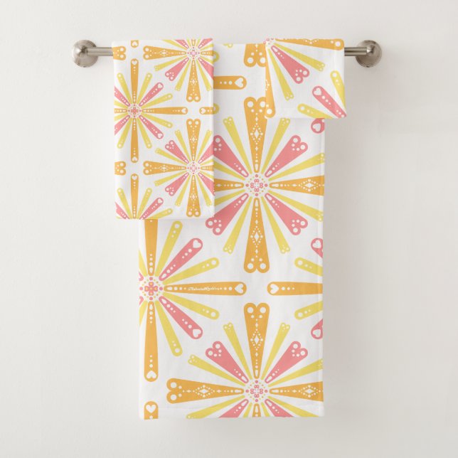 Radial Heart Sunburst Pattern Pink Gelb Badhandtuch Set (Insitu)