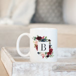 Radialblutflorenmonogramm Kaffeetasse<br><div class="desc">Chic floral monogram Tasse zeigt Ihren Single initiale Monogramm umgeben von üppigen Aquarellfarben Blume und Grün in Juwelentönen von bordeauxroten Marsala, Rosa, Marineblau und Eukalyptusgrün.</div>
