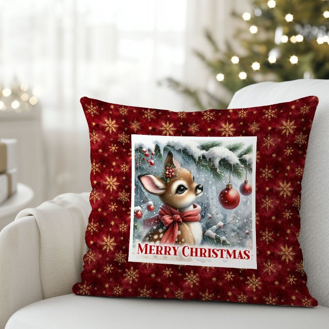 Radiant baby deer snowy forest Christmas scene  Kissen (Radiant baby deer snowy forest Christmas scene pillow)