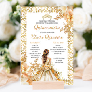 Radiant Bloom Floral Princess Gold Quinceanera Einladung