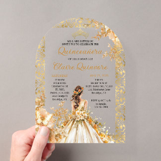 Radiant Bloom Floral Prinzessin Gold Quinceanera Acryleinladungen