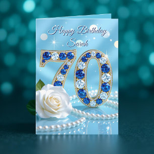 Radiant Blue Gems Rose und Perlen 70. Geburtstag Karte