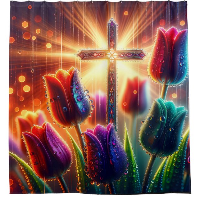 "Radiant Christlich Cross: Raindrops on Tulips" Duschvorhang (Vorderseite)