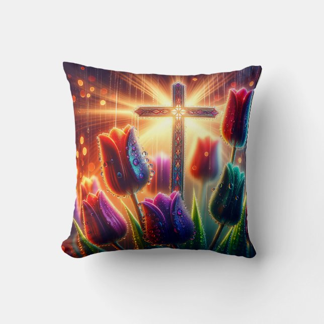 "Radiant Christlich Cross: Raindrops on Tulips" Kissen (Vorderseite)