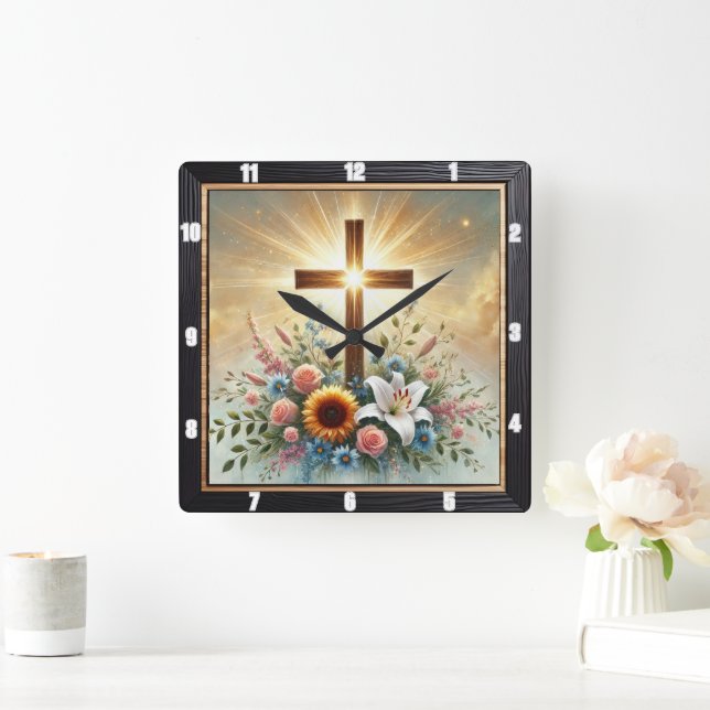 Radiant Cross floral Spiritual Quadratische Wanduhr (Zuhause)