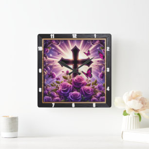 Radiant Cross Lila Rose Schmetterlinge Quadratische Wanduhr