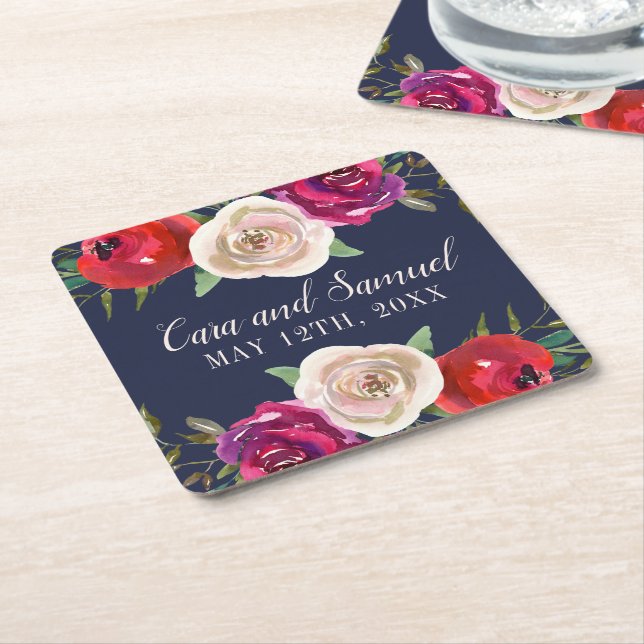 Radiant Floral Navy Blue Burgundy Red Rechteckiger Pappuntersetzer (angewinkelt)