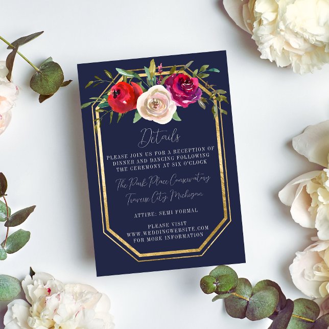 Radiant Floral Navy Blue Burgundy Red Wedding Begleitkarte (Von Creator hochgeladen)