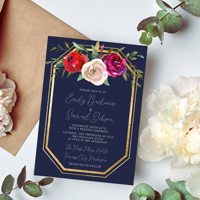 Radiant Floral Navy Blue Burgundy Red Wedding Einladung (Von Creator hochgeladen)