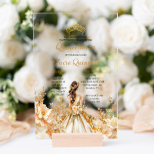 Radiant Floral Princess Tiara Gold Quinceanera Acryleinladungen