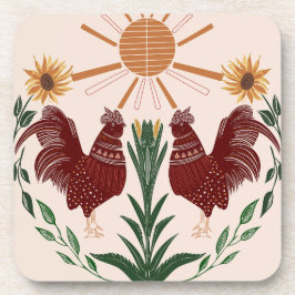 Radiant Folk Art Rooster - Sonnensymmetrisches Des Getränkeuntersetzer