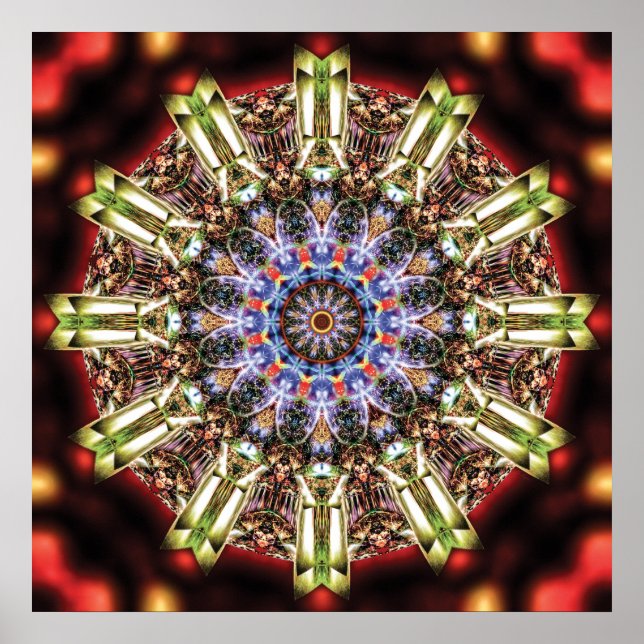Radiant Kaleidoscopic Mandala in Crimson and Gold Poster (Vorne)
