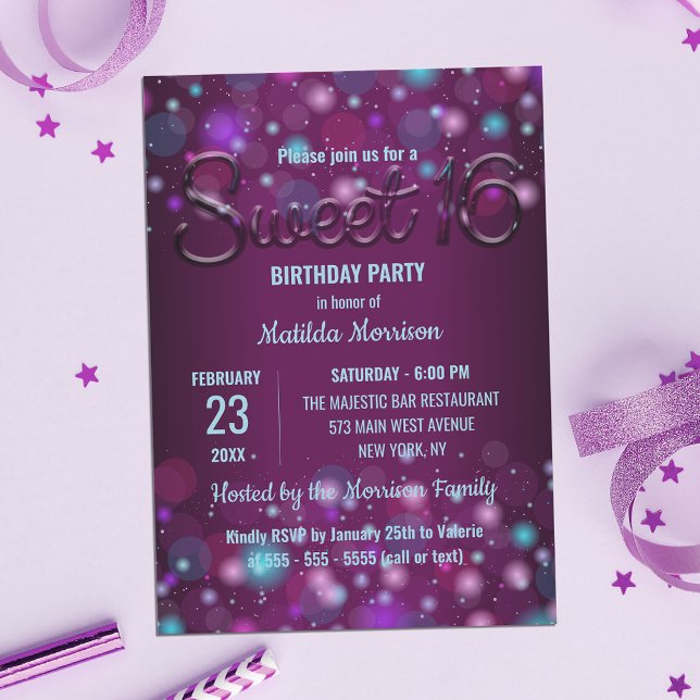 Radiant Lila Elegant Lights Sweet 16 Geburtstag Einladung (Von Creator hochgeladen)