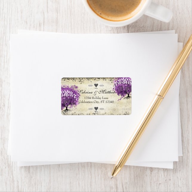 Radiant Lila Heart Leaf Tree Wedding Adressaufkleber (Insitu)