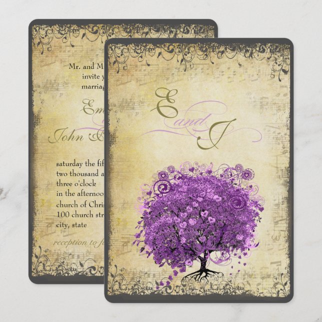 Radiant Lila Heart Leaf Tree Wedding Einladung (Vorne/Hinten)