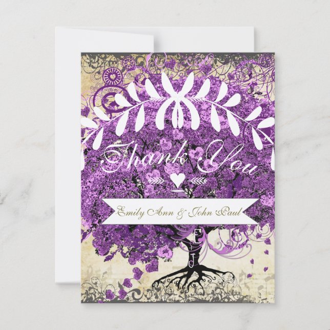 Radiant Lila Romantic Heart Leaf Wedding Dankeskarte (Vorderseite)