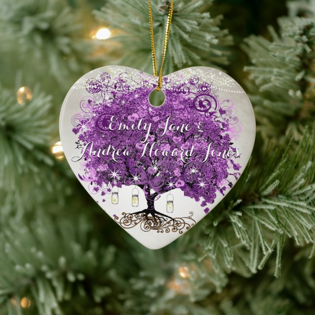 Radiant Lila Romantic Heart Leaf Wedding Keramik Ornament (Baum)