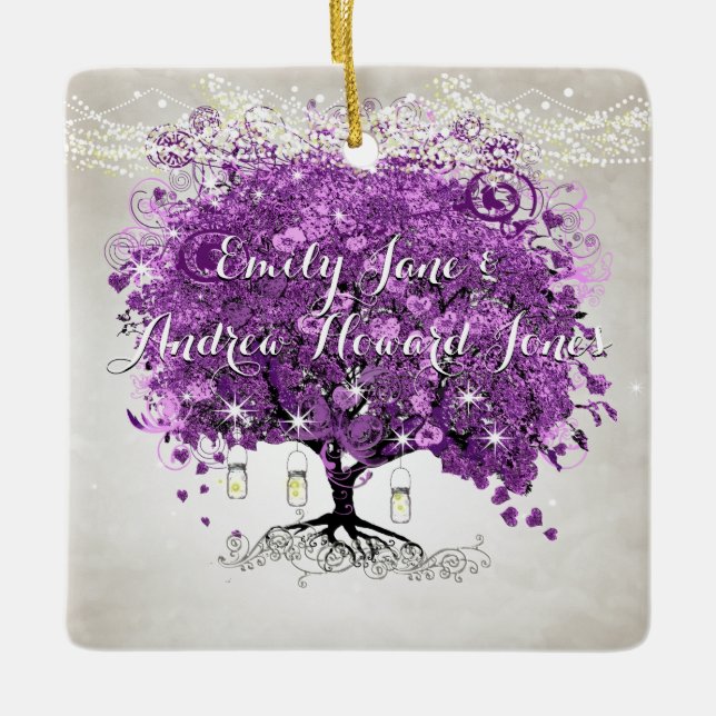 Radiant Lila Romantic Heart Leaf Wedding Keramikornament (Vorderseite)