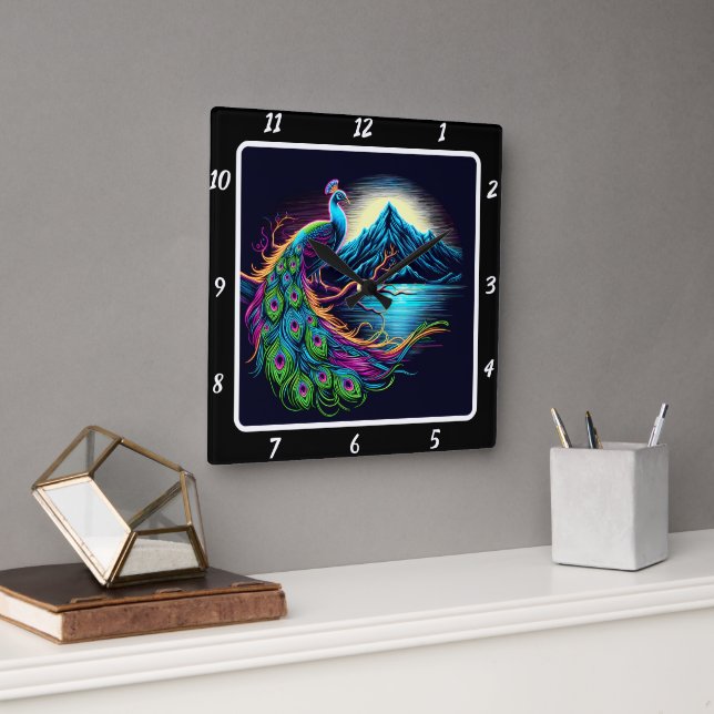 Radiant Neon Peacock Quadratische Wanduhr (Büro)