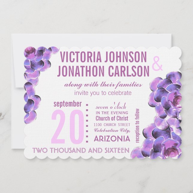 Radiant Orchid Sukkulent Moderne Typografie Hochze Einladung (Vorderseite)