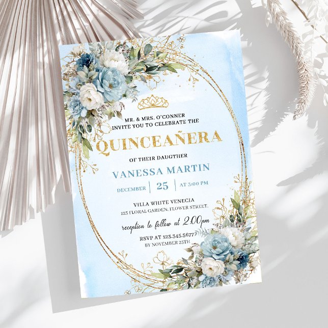 Radiant Pastel Blue Gold Eucalyptus Quinceañera  Einladung (Radiant Pastel Blue Gold Eucalyptus Quinceañera Invite

)