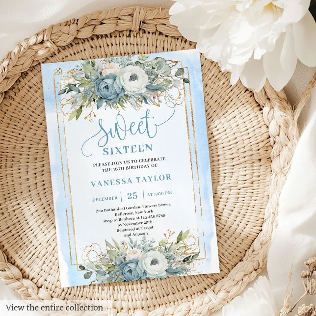 Radiant Pastel Blue White Peonies Sweet 16 Invite Einladung (Radiant Pastel Blue White Peonies Sweet 16 Invitation)