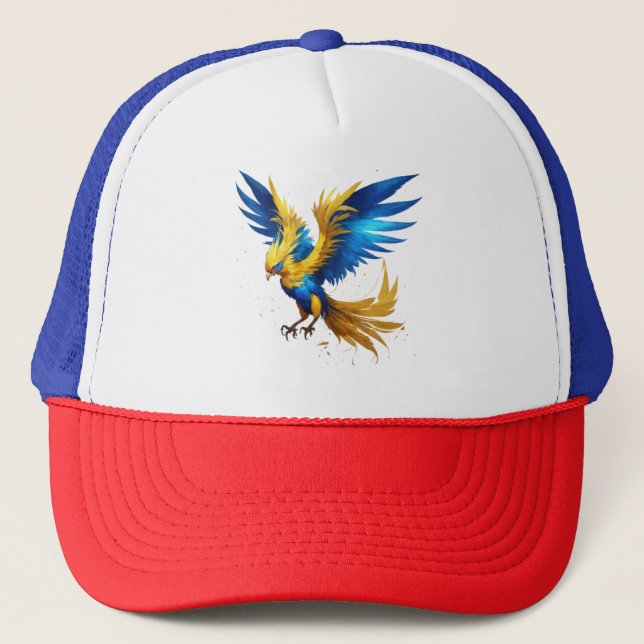 Radiant Phoenix Sky T - Shirt: Blau & Gelb Schönhe Truckerkappe (Vorderseite)