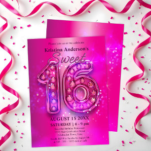 Radiant Pink Chic Sweet 16 mit glänzenden Juwelen Einladung