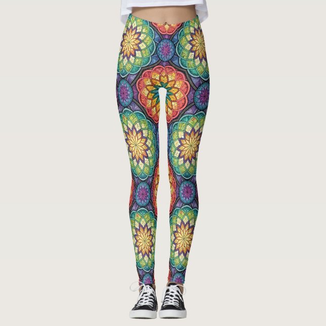 Radiant Rainbow Mandala Mosaic – Stained Glass Leggings (Vorderseite)