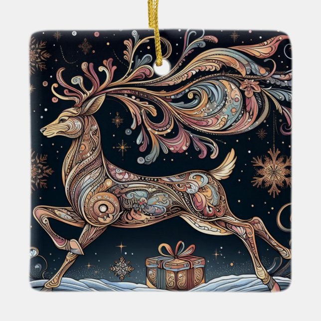 Radiant Rentier: Ein farbenfrohes Weihnachtsfest Keramikornament (Vorderseite)