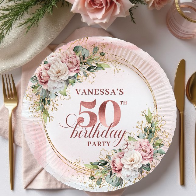 Radiant Rose Gold Glitter Floral 50th Birthday  Pappteller (Radiant Rose Gold Glitter Floral 50th Birthday Party Paper Plates

)