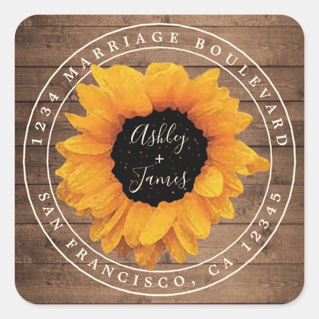 Radiant Sunflower Rustic Wedding Rücksendeadresse Quadratischer Aufkleber (Vorderseite)