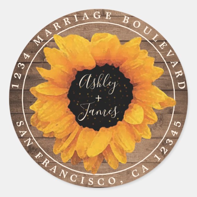 Radiant Sunflower Rustic Wedding Rücksendeadresse Runder Aufkleber (Vorderseite)