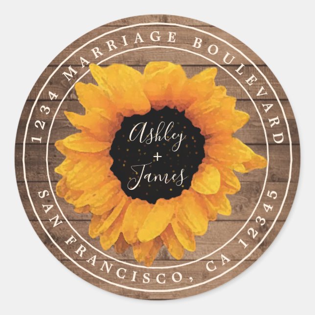 Radiant Sunflower Rustic Wedding Rücksendeadresse Runder Aufkleber (Vorderseite)
