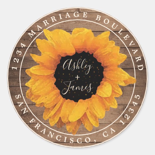 Radiant Sunflower Rustic Wedding Rücksendeadresse Runder Aufkleber (Vorderseite)
