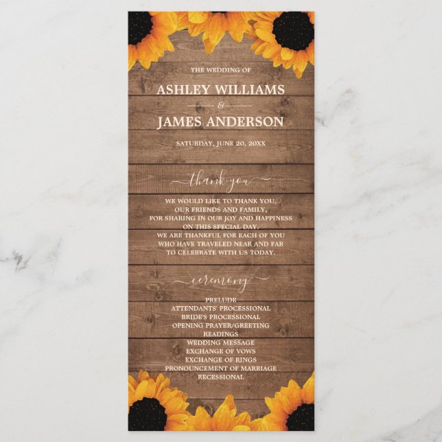 Radiant Sunflower Rustic Wood Wedding Programm (Vorderseite)