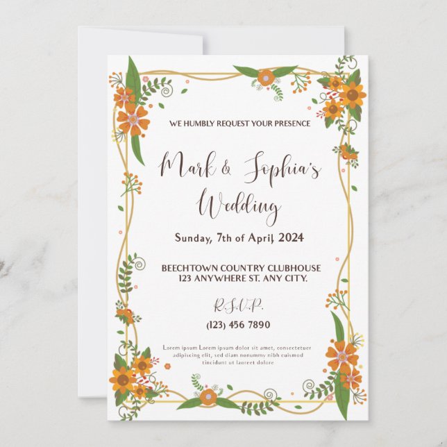 Radiant Tulip Romance Orange Bliss in Golden Frame Einladung (Vorderseite)