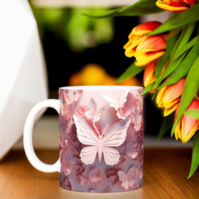 Radiowellen: Rosa 3D-Schmetterling-Kaffeemaschine  Zweifarbige Tasse (Von Creator hochgeladen)