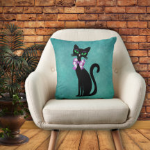 Raffinierte schwarze Katze grüne Augen rosa Schlei