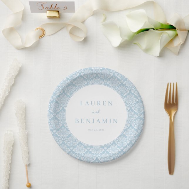 Raffinierter blauer Damast Pappteller (Hochzeit)