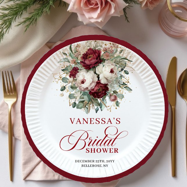 Raffiniertes Burgunder Blumen Hochzeitspapier Pappteller (Sophisticated Burgundy Floral Bridal Shower Paper Plates)